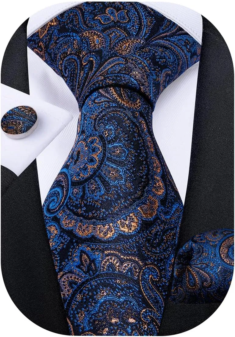 DiBanGu Mens Tie Set Silk Solid Paisley Necktie and Pocket Square Cufflinks Classic Formal Ties for Men Wedding Party