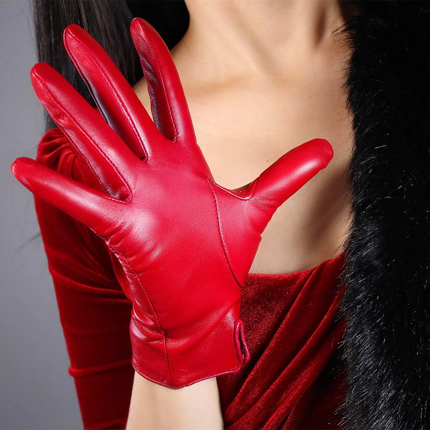 DooWay Women Real Leather Gloves Imported Goatskin Leather Wrist Short Classic Winter Warm Lining Dress Party Driving Gloves
