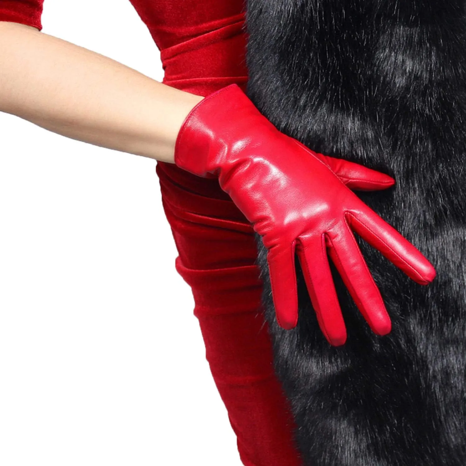 DooWay Women Real Leather Gloves Imported Goatskin Leather Wrist Short Classic Winter Warm Lining Dress Party Driving Gloves