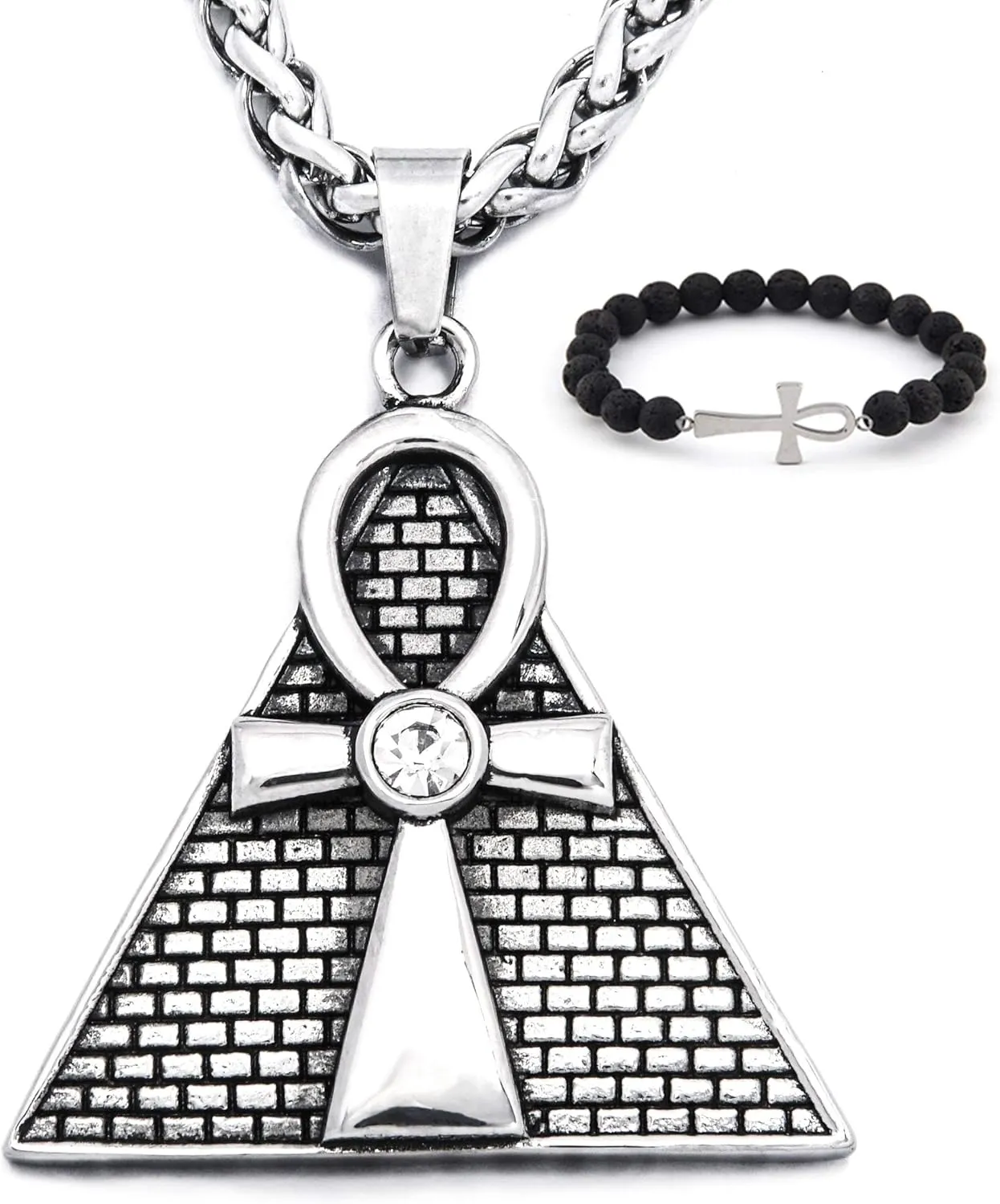 Egypt Pyramid Ankh Necklace Pendant Stainless Steel Chain Key of Eternal Life Spiritual Jewelry Men Women