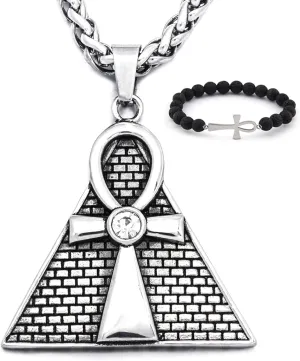 Egypt Pyramid Ankh Necklace Pendant Stainless Steel Chain Key of Eternal Life Spiritual Jewelry Men Women