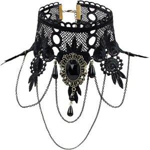 ETERNITY J. Elegant Vintage Princess Black Lace Gothic Statement Necklace Bracelet Victorian Choker Pendant Vampire Chain