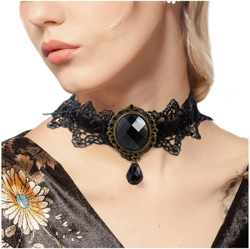 ETERNITY J. Retro Handmade Craft Lace Royal Court Vampire Choker Gothic Necklace Bracelet Black Pendant Chain