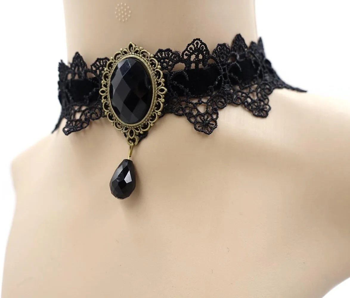 ETERNITY J. Retro Handmade Craft Lace Royal Court Vampire Choker Gothic Necklace Bracelet Black Pendant Chain