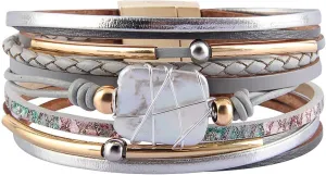 Fesciory Leather Wrap Bracelets for Women, Boho Leopard Multi-Layer Crystal Beads Cuff Bracelet Jewelry