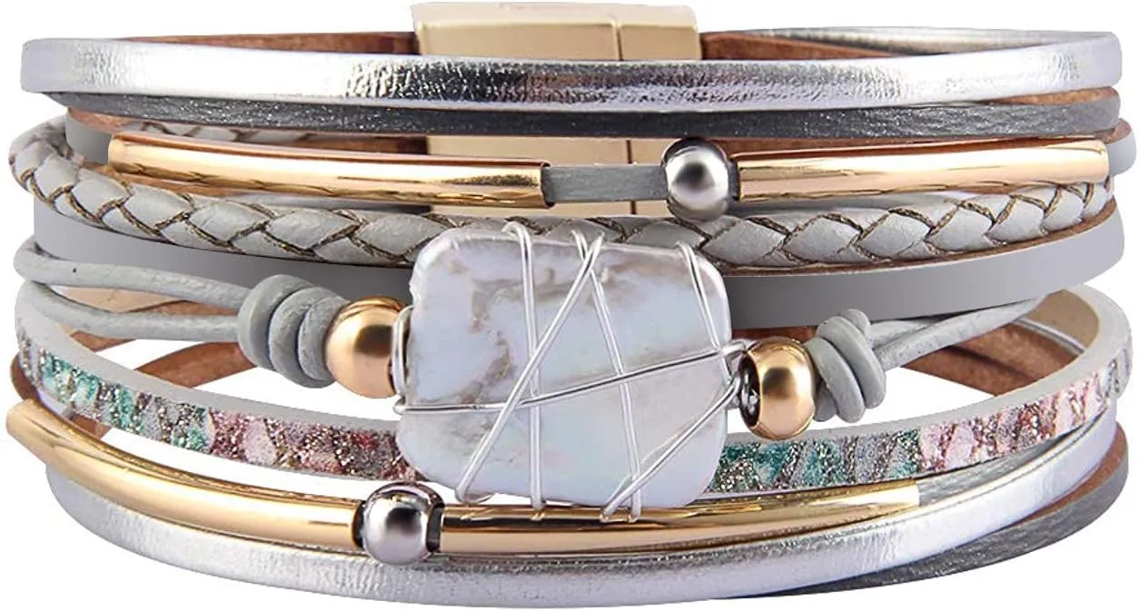 Fesciory Leather Wrap Bracelets for Women, Boho Leopard Multi-Layer Crystal Beads Cuff Bracelet Jewelry