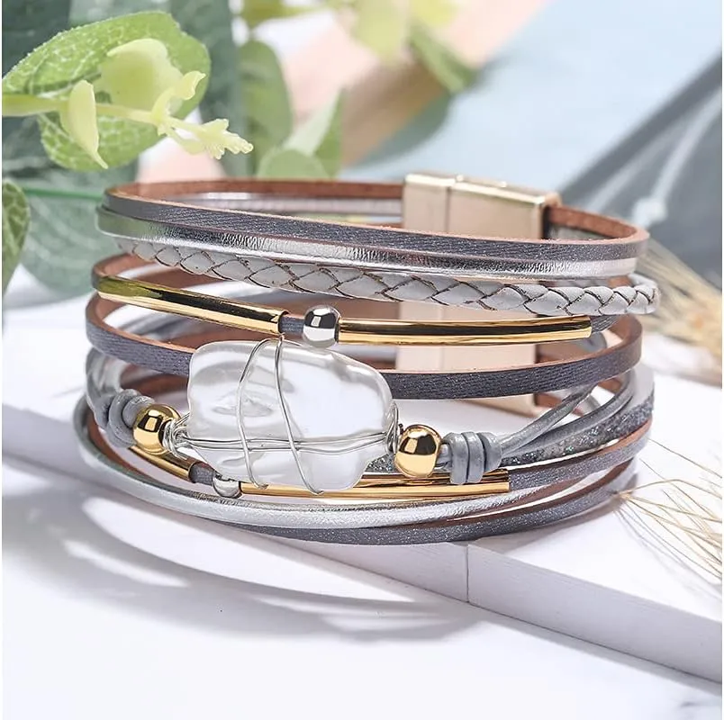 Fesciory Leather Wrap Bracelets for Women, Boho Leopard Multi-Layer Crystal Beads Cuff Bracelet Jewelry