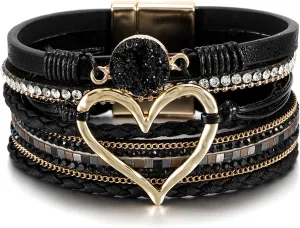 Fesciory Leopard Bracelet for Women, Boho Leather Wrap Multi-Layer Pearl Crystal Bracelet Bangle Jewelry