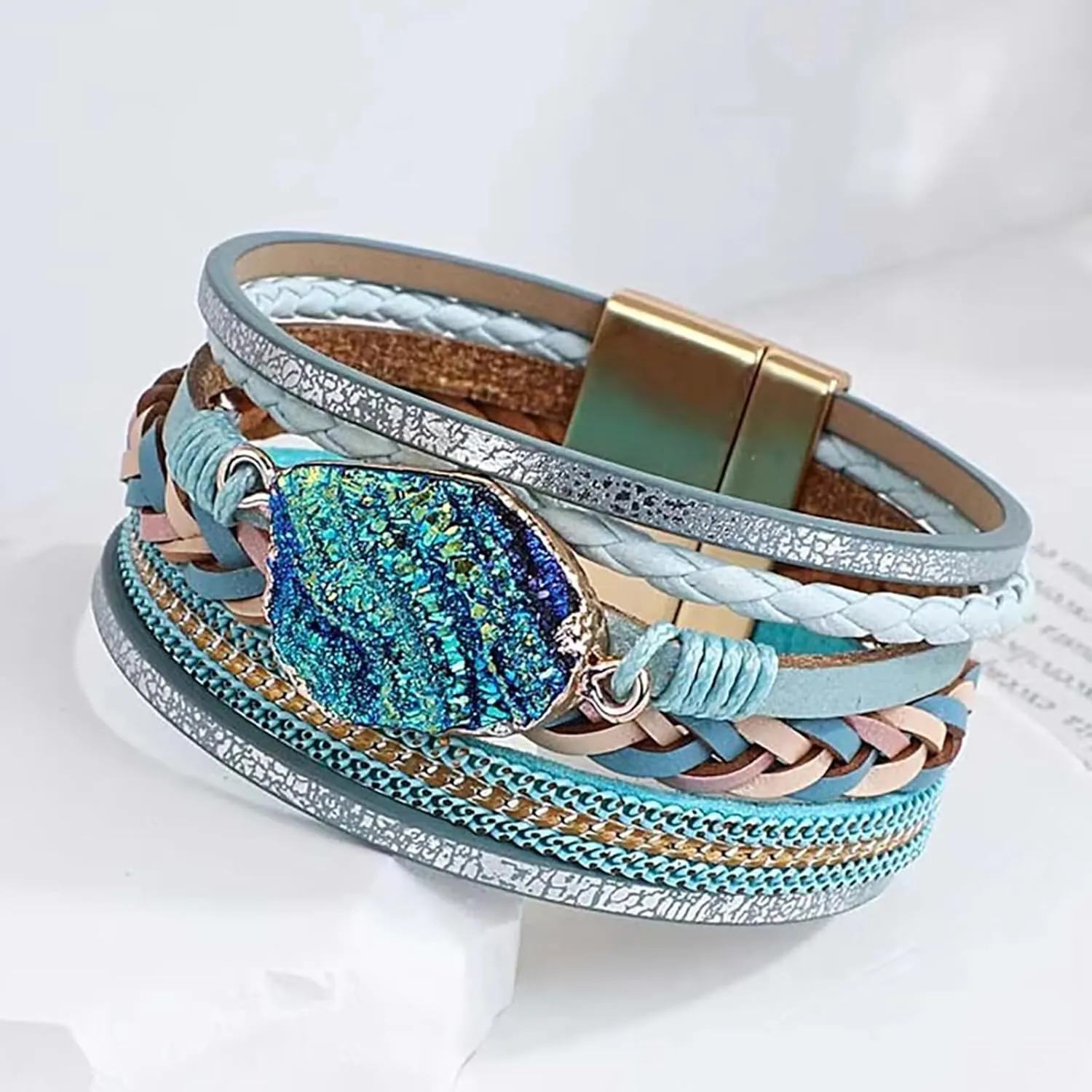 Fesciory Leopard Bracelet for Women, Boho Leather Wrap Multi-Layer Pearl Crystal Bracelet Bangle Jewelry