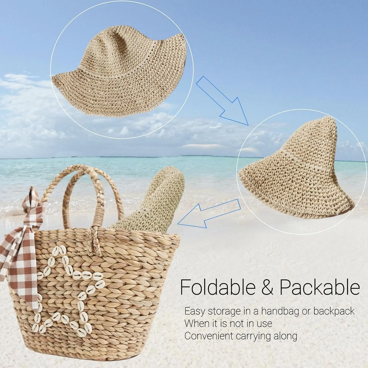 Floppy Big Beach Straw Hats for Women Foldable Summer Wide Brim Packable Sun Hat Womens Travel Straw Fedora Hat