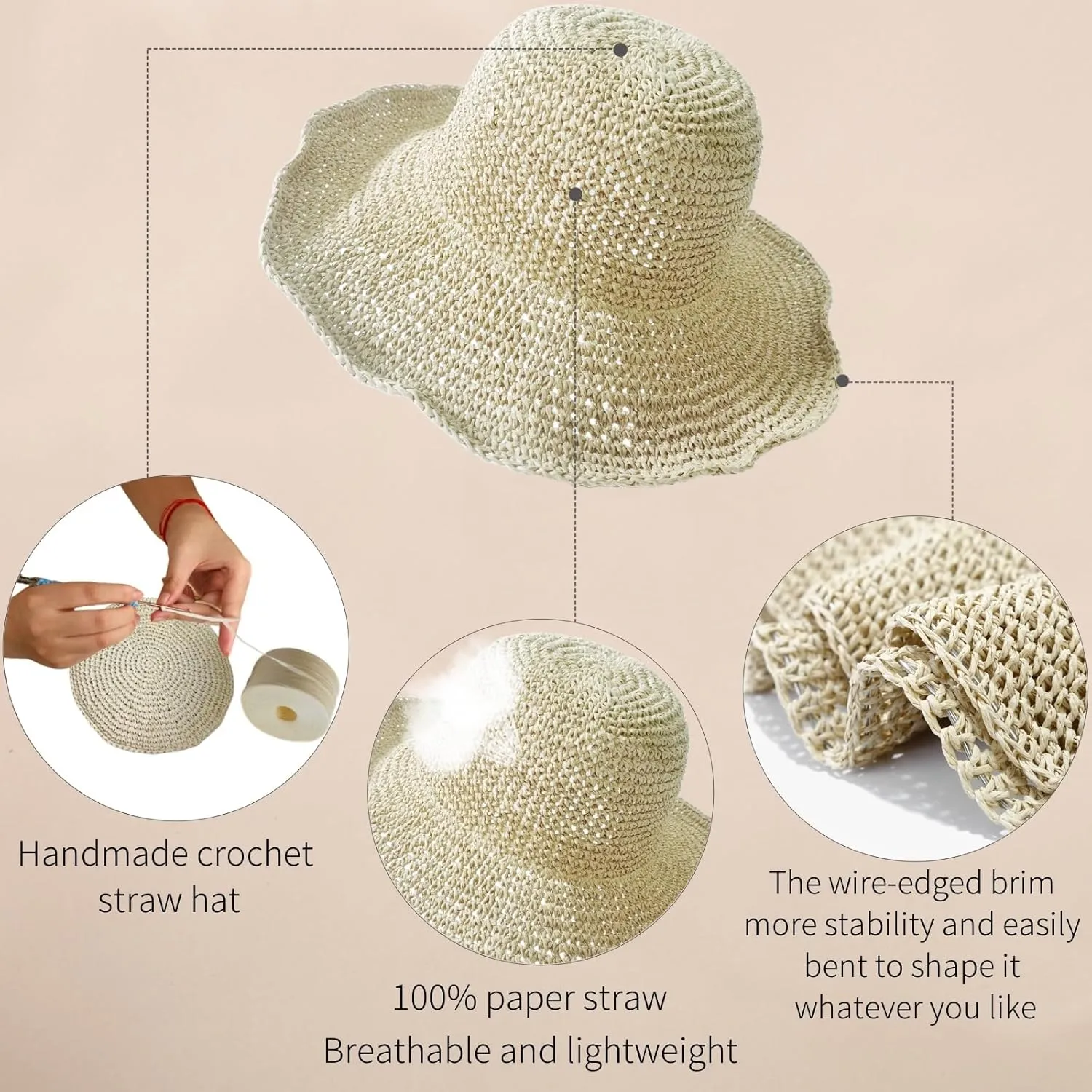 Floppy Big Beach Straw Hats for Women Foldable Summer Wide Brim Packable Sun Hat Womens Travel Straw Fedora Hat