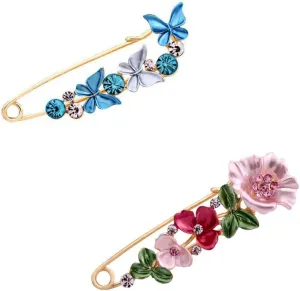 Flower Safety Decorative Pins Brooch Clip, 2PCS Crystal Flower Safety Decorative Brooches Pins, Metal Flower Safety Decorative Pins for Clothing Scarves Shawl Buttons