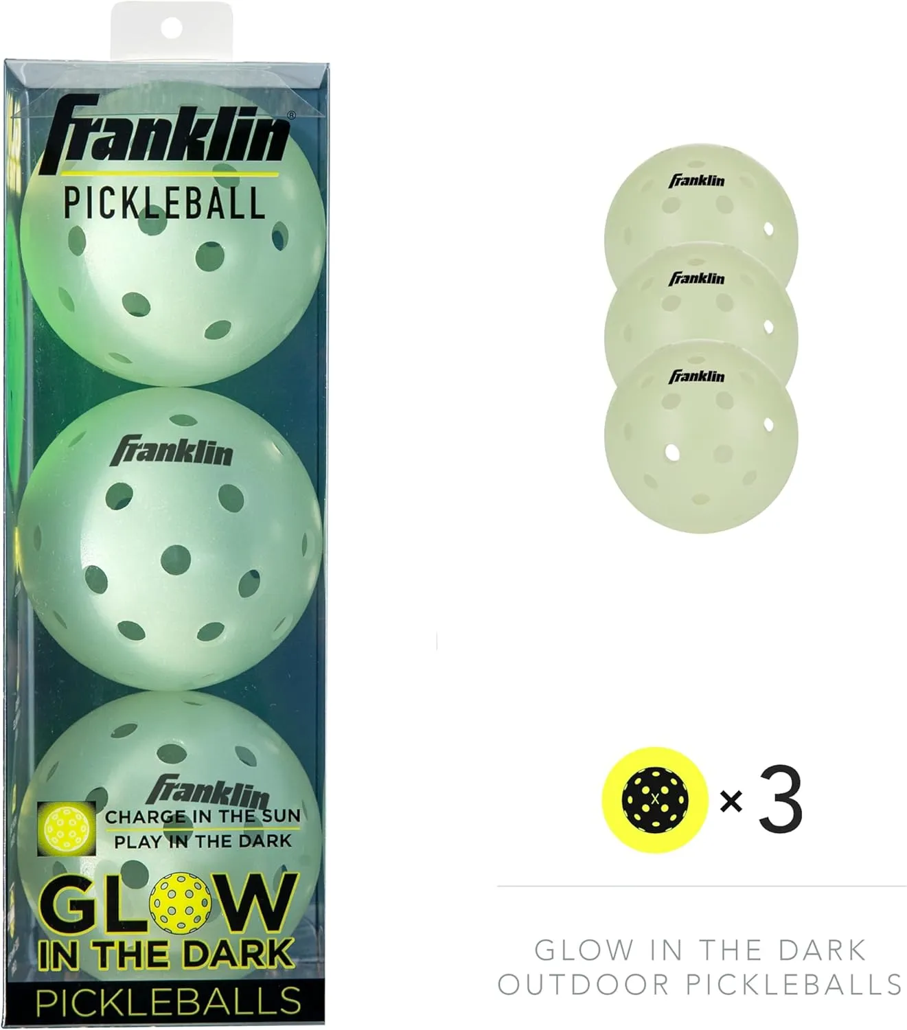 Franklin Sports Glow in The Dark Outdoor Pickleballs - Light Up Pickleball Balls for Nighttime Pickleball - Glow in The Dark Green Pickleball Balls - Charge in Indoor Light   Sunlight