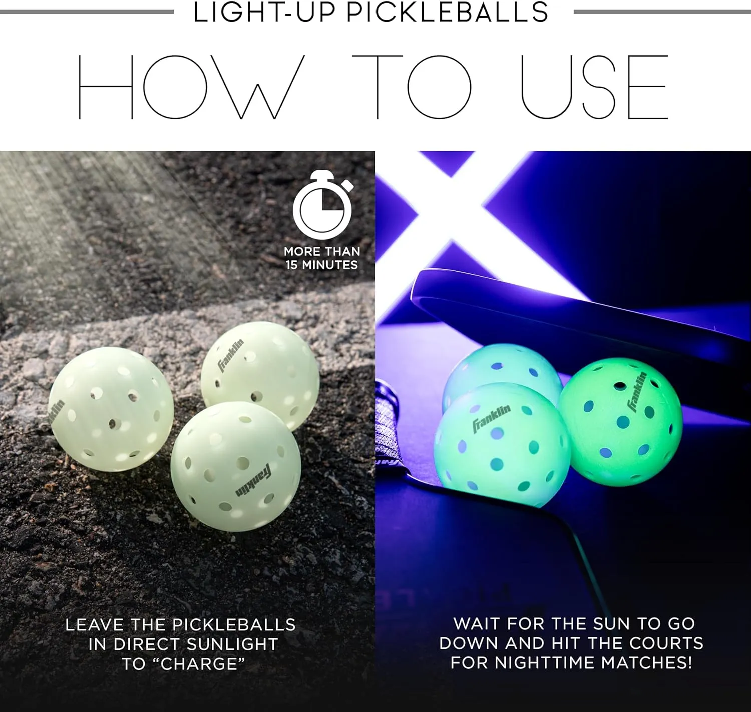 Franklin Sports Glow in The Dark Outdoor Pickleballs - Light Up Pickleball Balls for Nighttime Pickleball - Glow in The Dark Green Pickleball Balls - Charge in Indoor Light   Sunlight