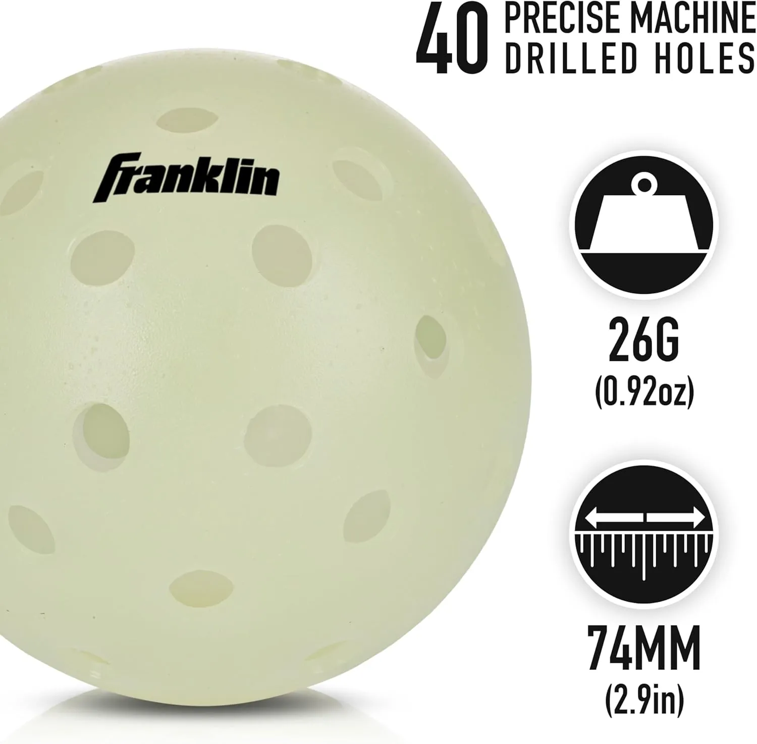 Franklin Sports Glow in The Dark Outdoor Pickleballs - Light Up Pickleball Balls for Nighttime Pickleball - Glow in The Dark Green Pickleball Balls - Charge in Indoor Light   Sunlight