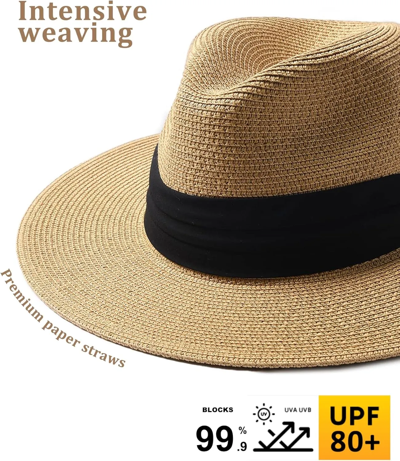 FURTALK Panama Hat Sun Hats for Women Men Wide Brim Fedora Straw Beach Hat UV UPF 80 