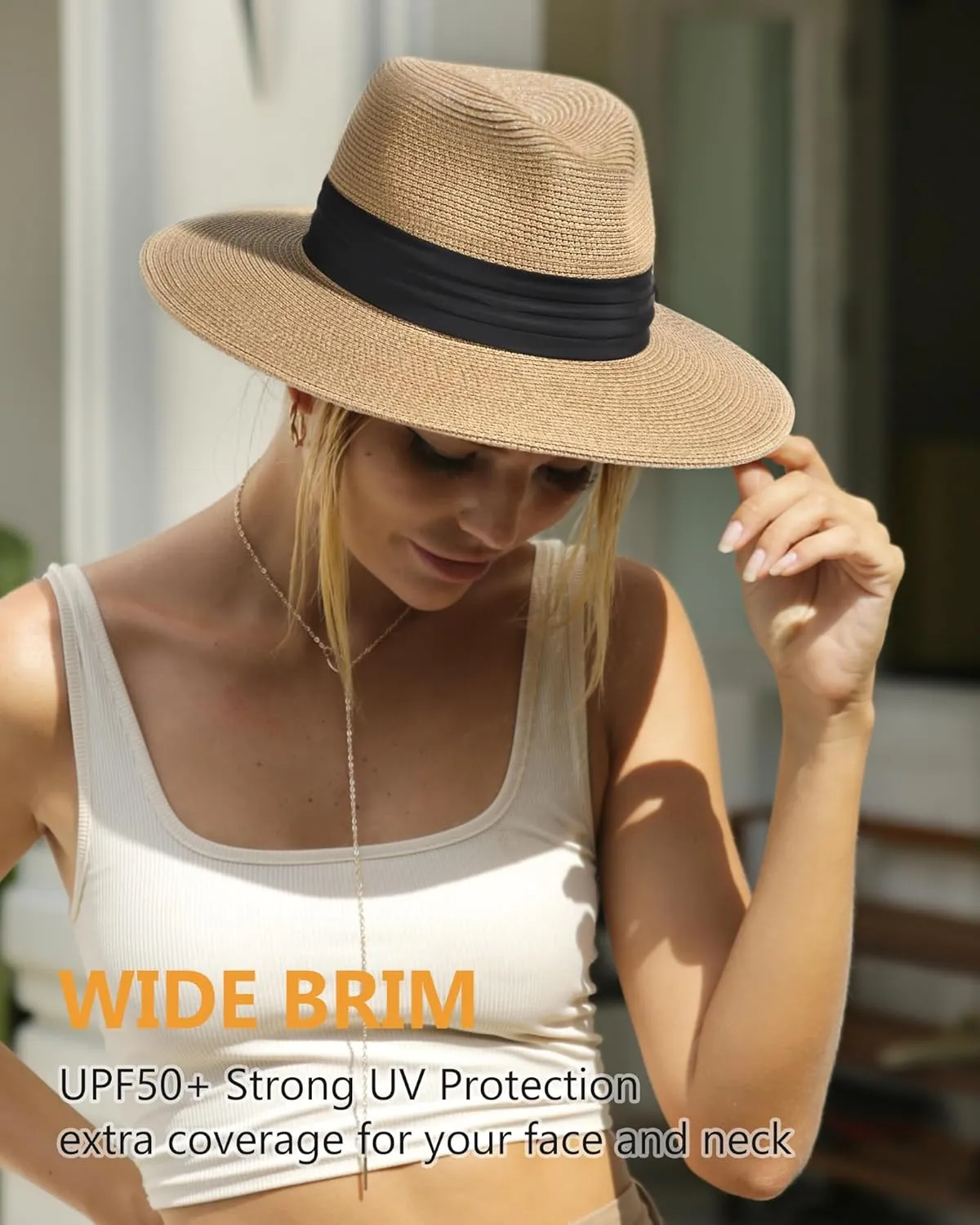 FURTALK Panama Hat Sun Hats for Women Men Wide Brim Fedora Straw Beach Hat UV UPF 80 