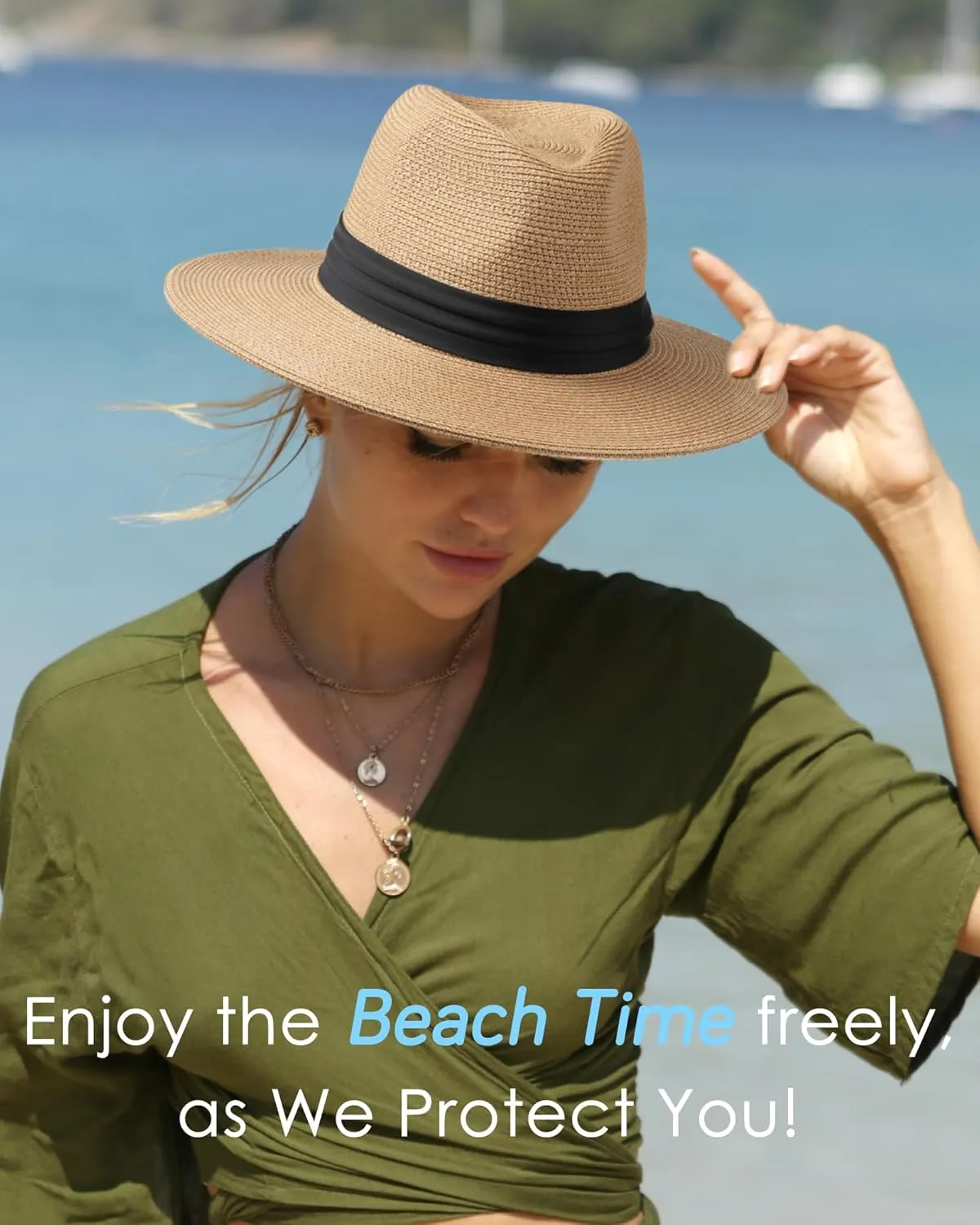 FURTALK Panama Hat Sun Hats for Women Men Wide Brim Fedora Straw Beach Hat UV UPF 80 