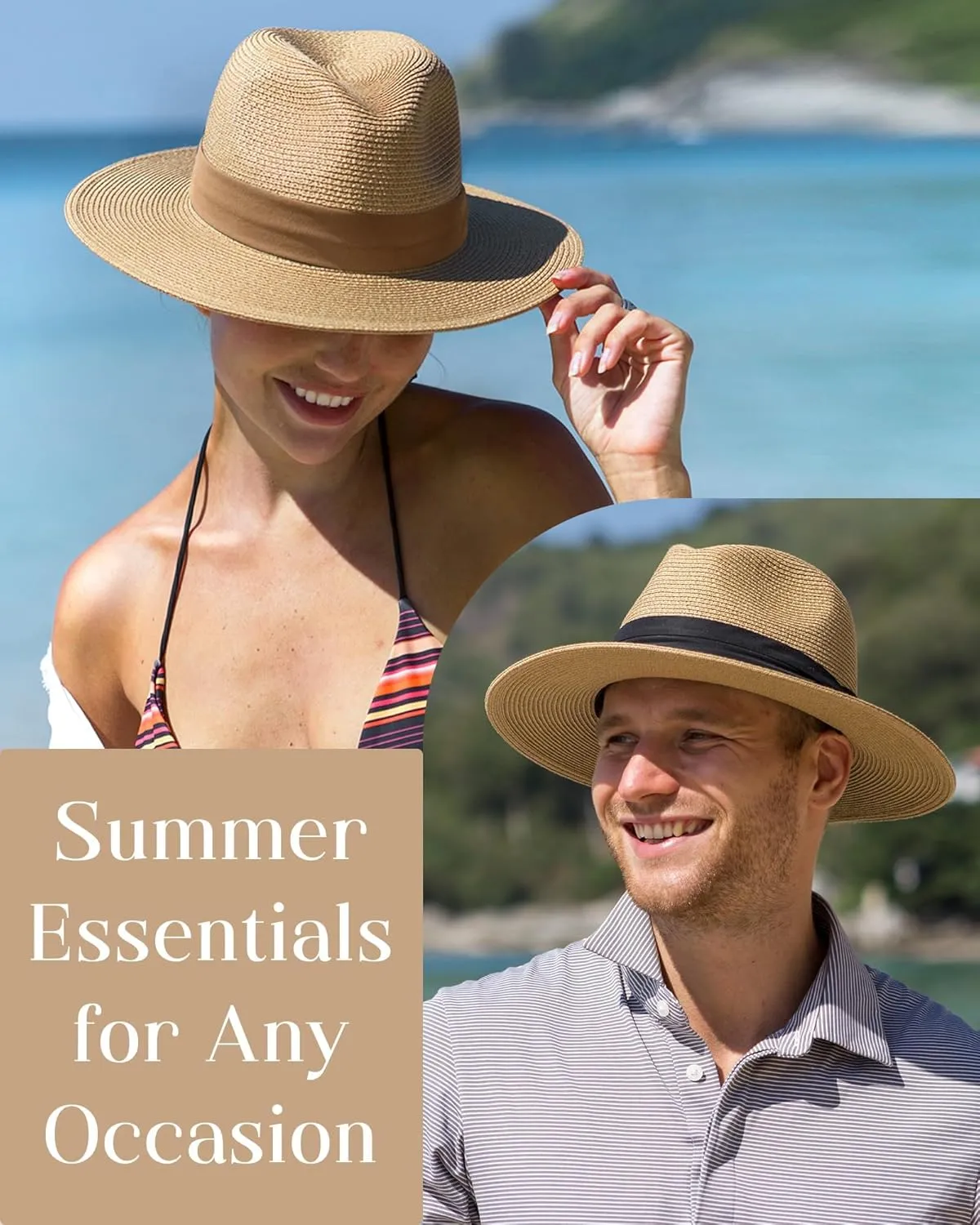 FURTALK Panama Hat Sun Hats for Women Men Wide Brim Fedora Straw Beach Hat UV UPF 80 