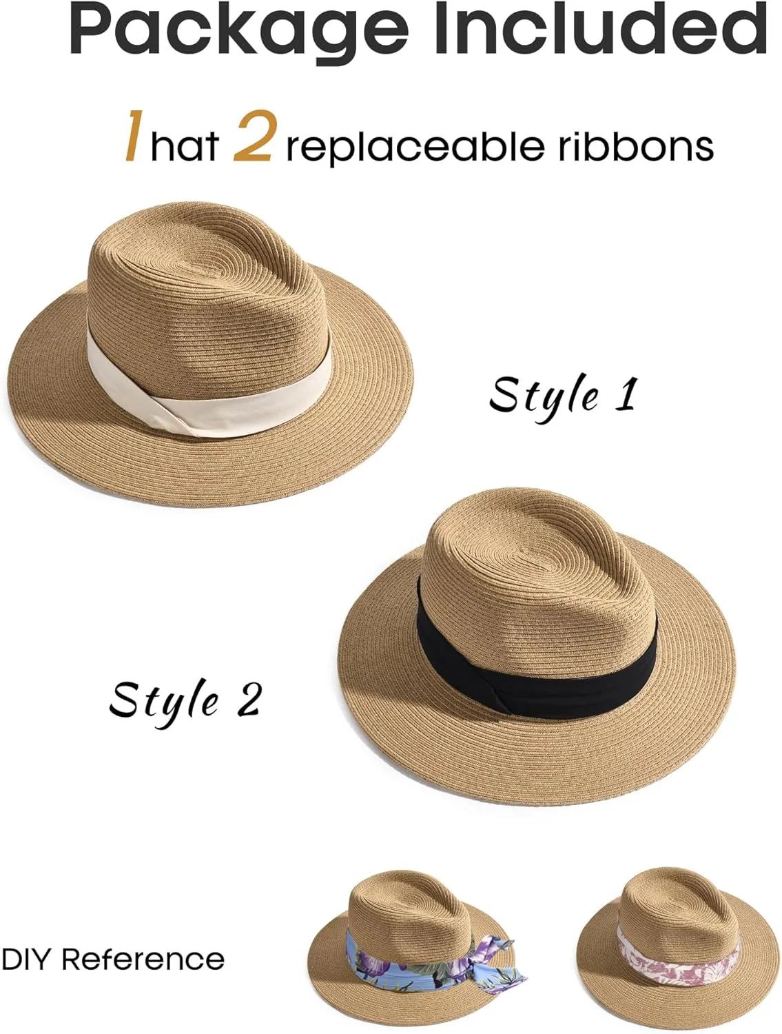 FURTALK Panama Hat Sun Hats for Women Men Wide Brim Fedora Straw Beach Hat UV UPF 80 
