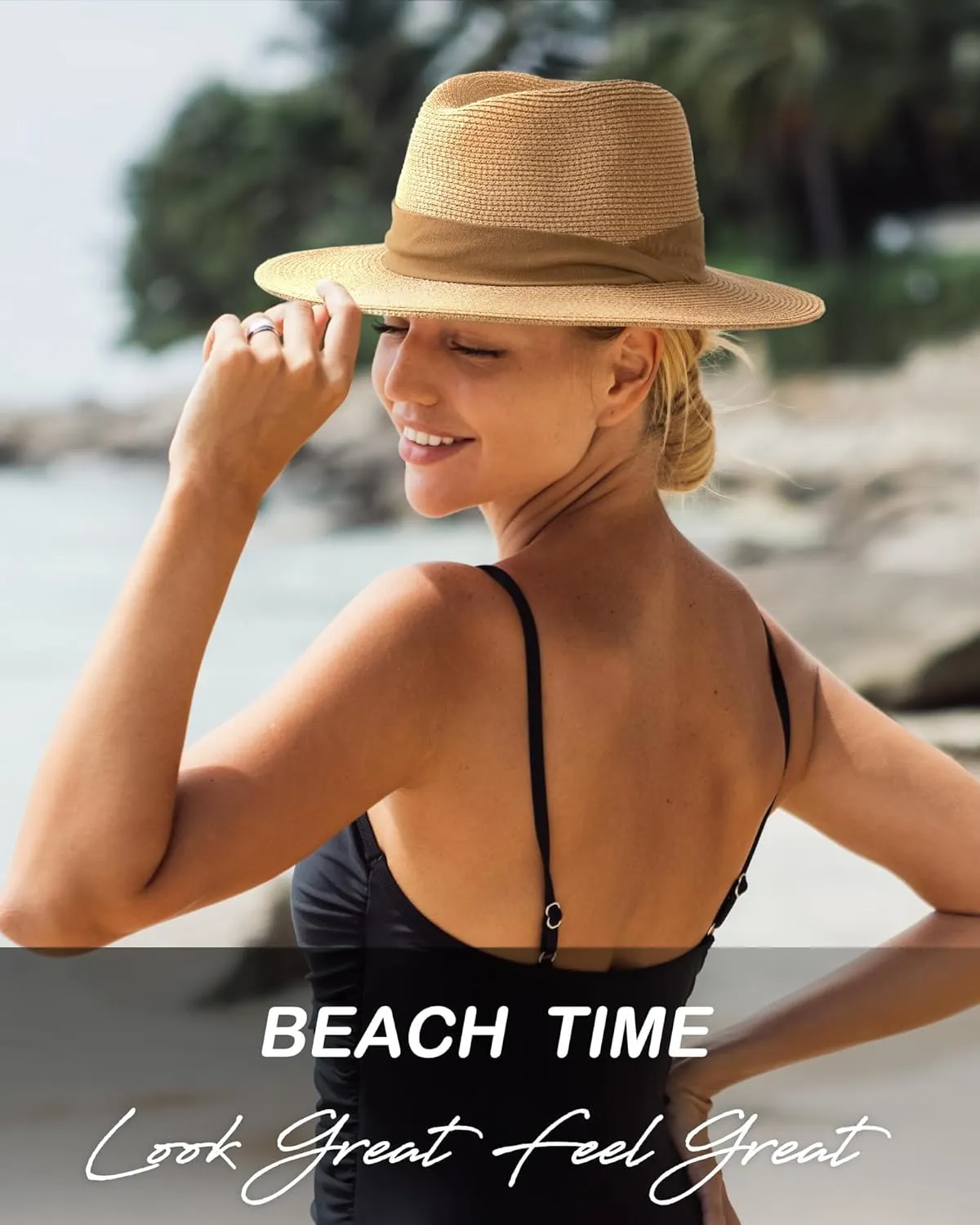 FURTALK Panama Hat Sun Hats for Women Men Wide Brim Fedora Straw Beach Hat UV UPF 80 