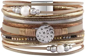 GelConnie Leather Wrap Bracelet Boho Cuff Bracelets Crystal Leather Bracelet Magnetic Multi Strand Bracelets Bohemian Bracelet Leather Wristbands Bangle Jewelry for Women Teen Wife Mother