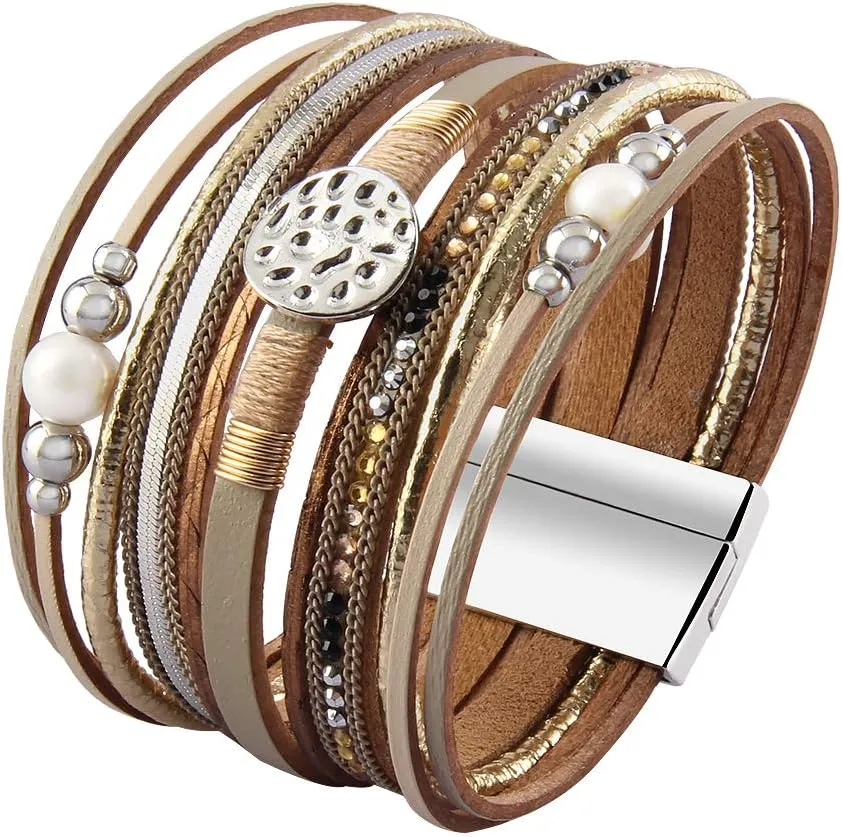 GelConnie Leather Wrap Bracelet Boho Cuff Bracelets Crystal Leather Bracelet Magnetic Multi Strand Bracelets Bohemian Bracelet Leather Wristbands Bangle Jewelry for Women Teen Wife Mother