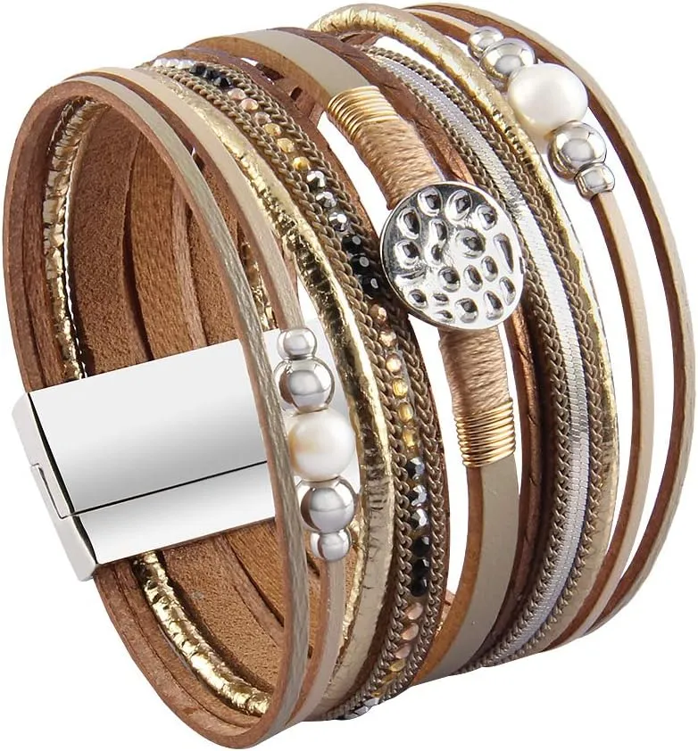 GelConnie Leather Wrap Bracelet Boho Cuff Bracelets Crystal Leather Bracelet Magnetic Multi Strand Bracelets Bohemian Bracelet Leather Wristbands Bangle Jewelry for Women Teen Wife Mother