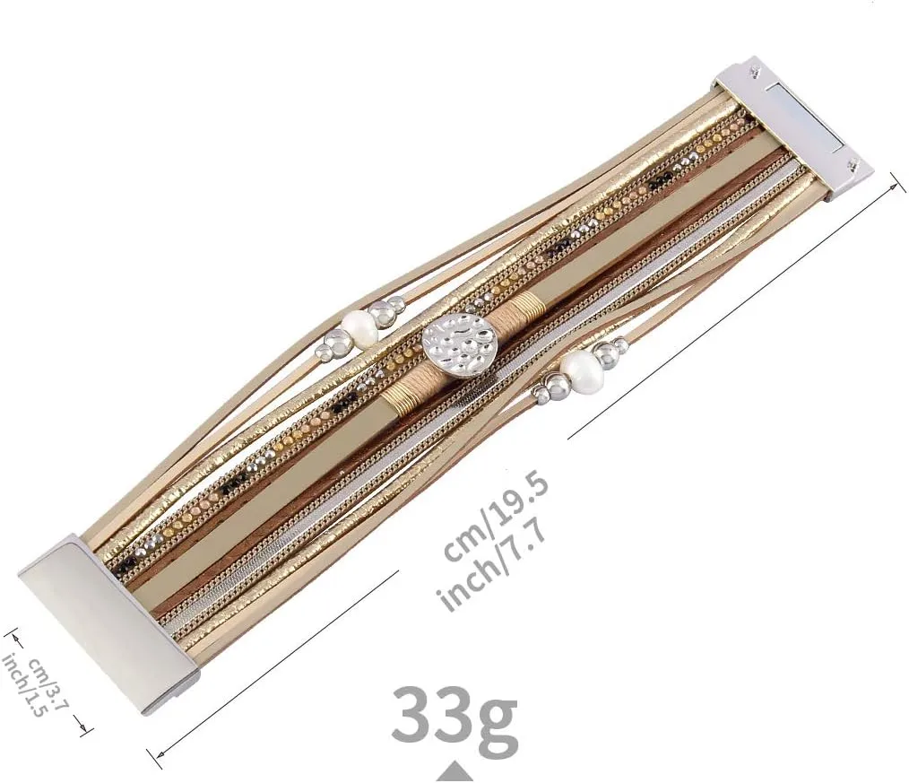 GelConnie Leather Wrap Bracelet Boho Cuff Bracelets Crystal Leather Bracelet Magnetic Multi Strand Bracelets Bohemian Bracelet Leather Wristbands Bangle Jewelry for Women Teen Wife Mother