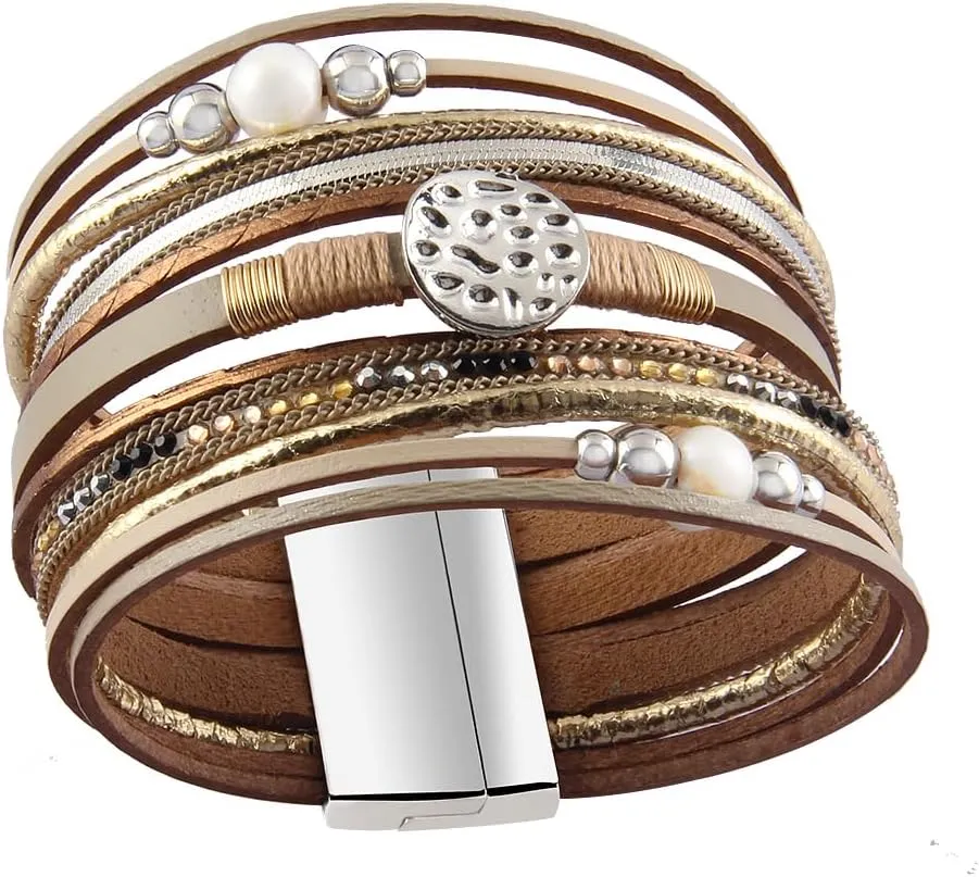 GelConnie Leather Wrap Bracelet Boho Cuff Bracelets Crystal Leather Bracelet Magnetic Multi Strand Bracelets Bohemian Bracelet Leather Wristbands Bangle Jewelry for Women Teen Wife Mother
