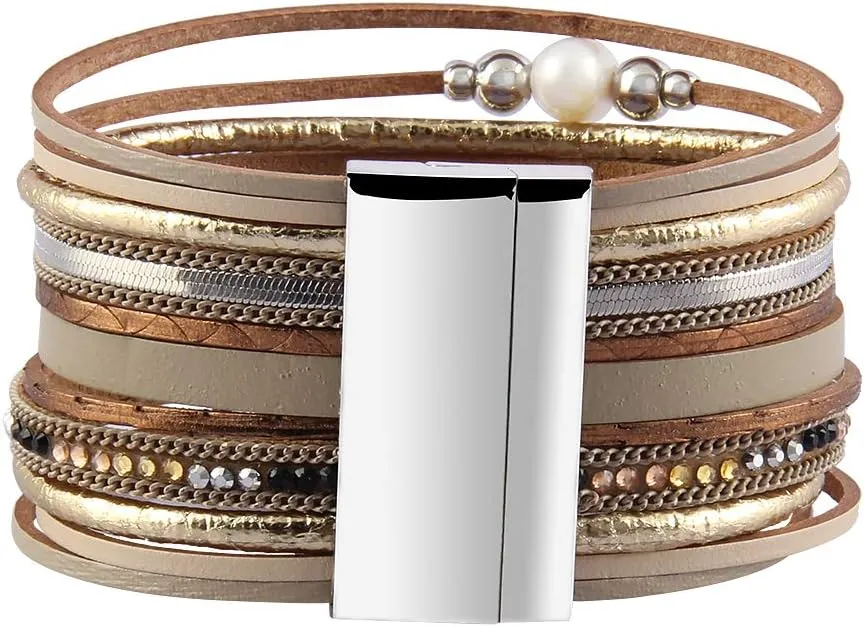 GelConnie Leather Wrap Bracelet Boho Cuff Bracelets Crystal Leather Bracelet Magnetic Multi Strand Bracelets Bohemian Bracelet Leather Wristbands Bangle Jewelry for Women Teen Wife Mother