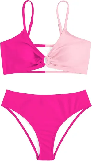 Girl's 2 Piece Swimsuits Disty Floral Ring Linked Bathing Suit Cute Bikini Sets