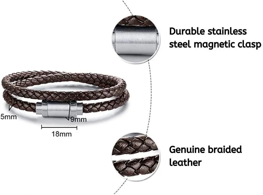 globi Leather Bracelet For Men | Genuine Wrap Braided Leather Cuff Bangle Bracelet with Magnetic Stainless Steel Clasp For Men/Women