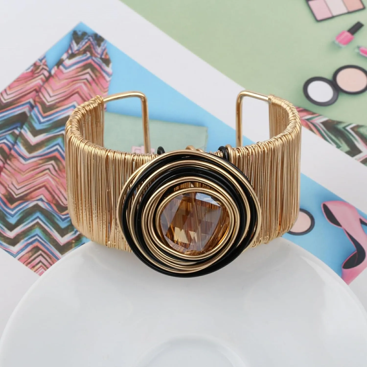 Gold Color Arm Cuff Big Crystal Bracelet for Women Thick Wide Chunky Statement Non Tarnish Wire Wrist Wrap Fashion Bangle