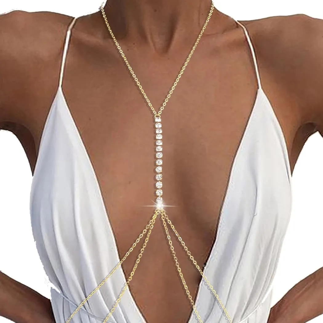 Gold Rhinestone Body Chain Crystal Bikini Body Jewelry Heart Layered Body necklaces Nightclub Waist Belly Chain for Women