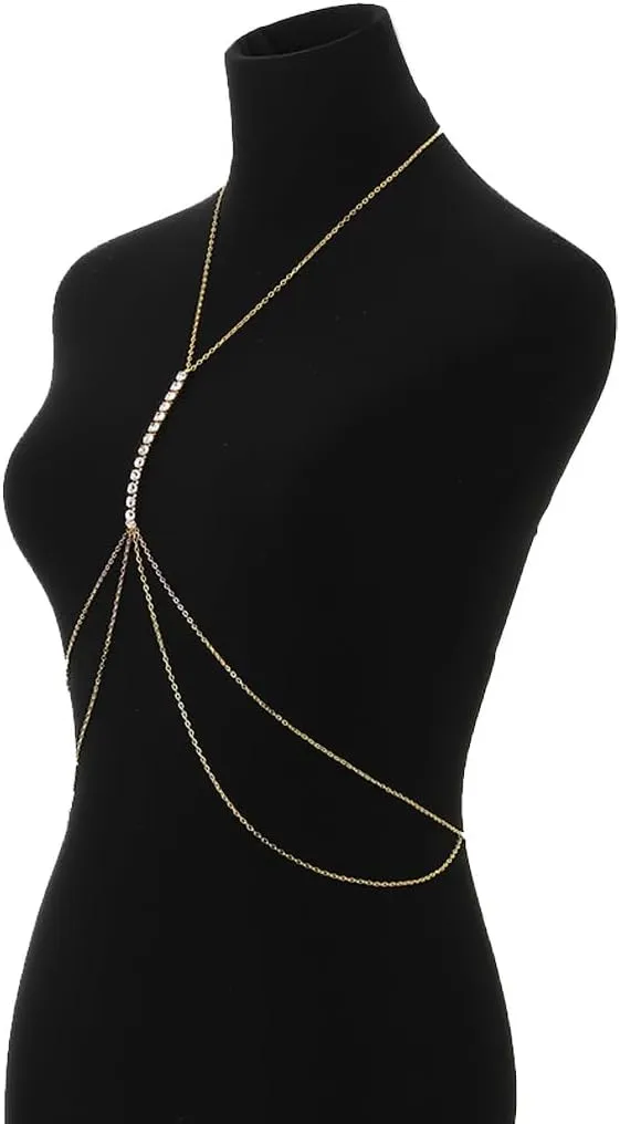 Gold Rhinestone Body Chain Crystal Bikini Body Jewelry Heart Layered Body necklaces Nightclub Waist Belly Chain for Women