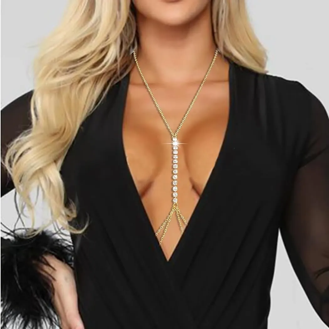Gold Rhinestone Body Chain Crystal Bikini Body Jewelry Heart Layered Body necklaces Nightclub Waist Belly Chain for Women
