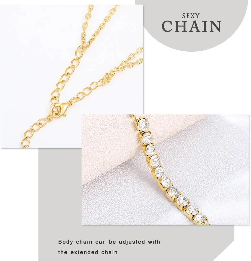 Gold Rhinestone Body Chain Crystal Bikini Body Jewelry Heart Layered Body necklaces Nightclub Waist Belly Chain for Women