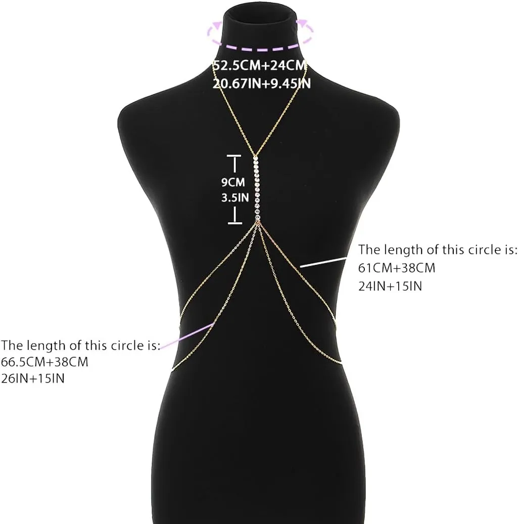 Gold Rhinestone Body Chain Crystal Bikini Body Jewelry Heart Layered Body necklaces Nightclub Waist Belly Chain for Women