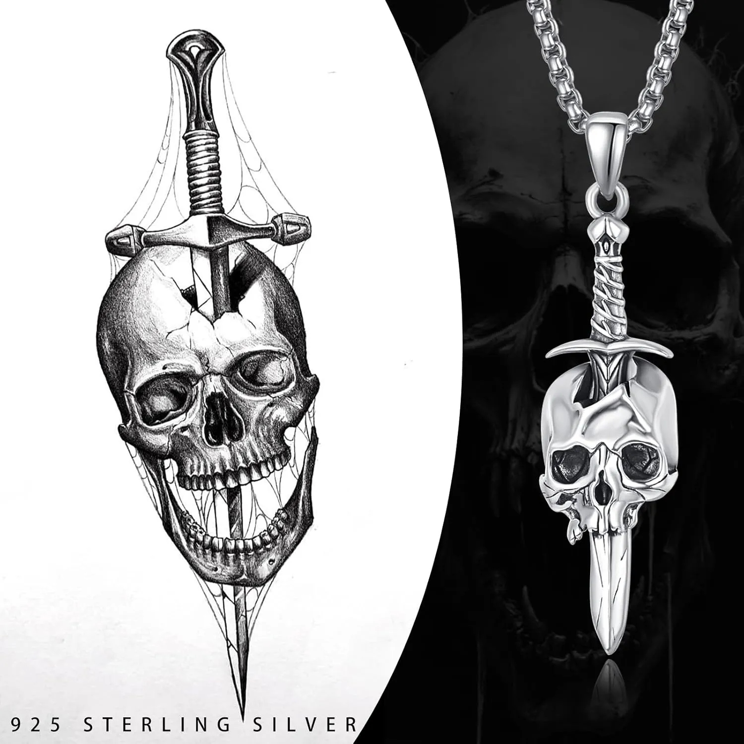 Guitar/Musical Note/Sword/Snake/Gun Skull Necklace Memento Mori 925 Sterling Silver Skull Head Pendant Necklace Punk/Rock Jewelry for Men Women
