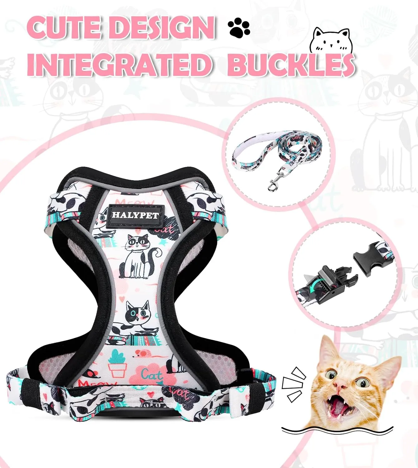 Halypet Cat Harness and Leash Set[MAX Safety 4th-Gen] Cute Escape Proof Vest Harness for Girl&Boy Cat Walking, Comfortable Adjustable Leash and Reflective Strips for Outdoor Kitten, S Inky Meowy