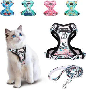 Halypet Cat Harness and Leash Set[MAX Safety 4th-Gen] Cute Escape Proof Vest Harness for Girl&Boy Cat Walking, Comfortable Adjustable Leash and Reflective Strips for Outdoor Kitten, S Inky Meowy