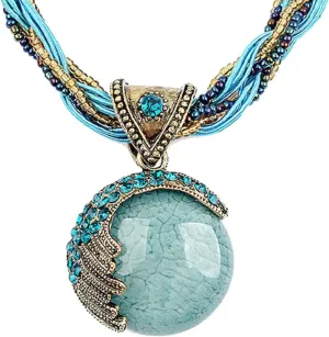 Harlorki Women Lady Handmade Retro Vintage Bohemian Style Twist Woven Rope Chain Turquoise Rhinestone Pendant Collar Necklace Fashion Jewelry