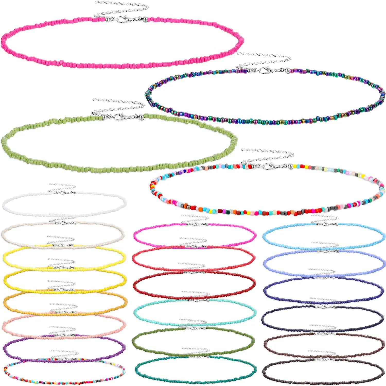 Hicarer 24 Pieces Beaded Choker Boho Seed Bead Necklace Colorful Bead Necklace Bohemian Jewelry for Women