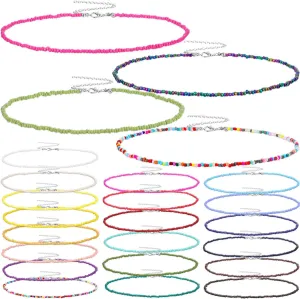 Hicarer 24 Pieces Beaded Choker Boho Seed Bead Necklace Colorful Bead Necklace Bohemian Jewelry for Women