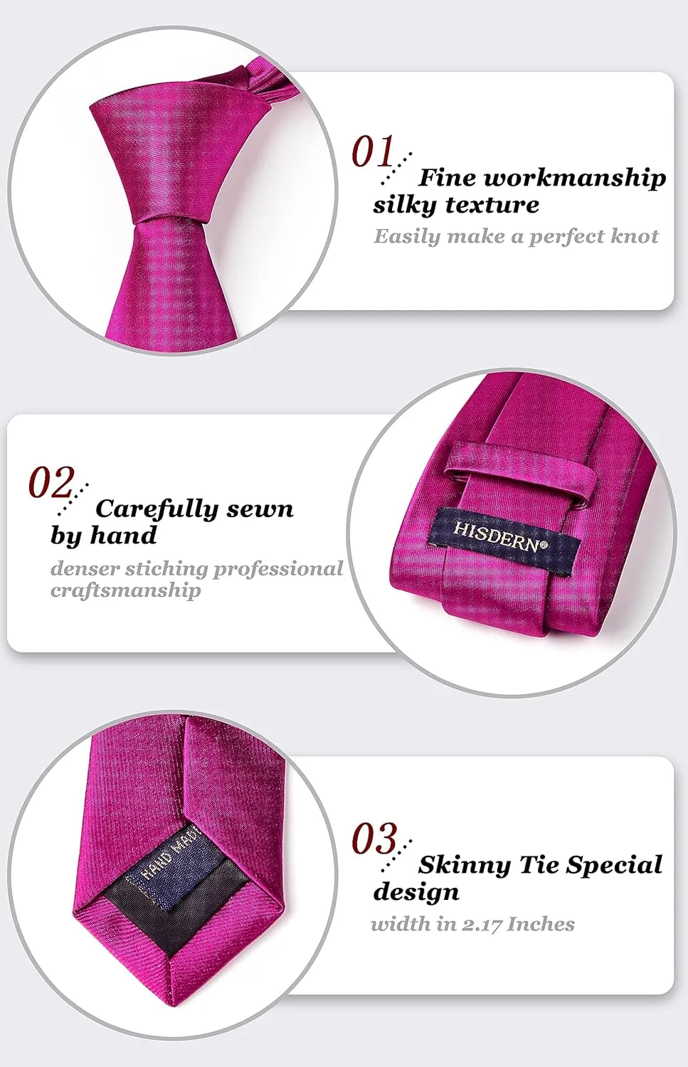 HISDERN Mens Solid Color Ties Formal Satin Necktie and Pocket Square Set Classic Wedding Business Tie & Handkerchief