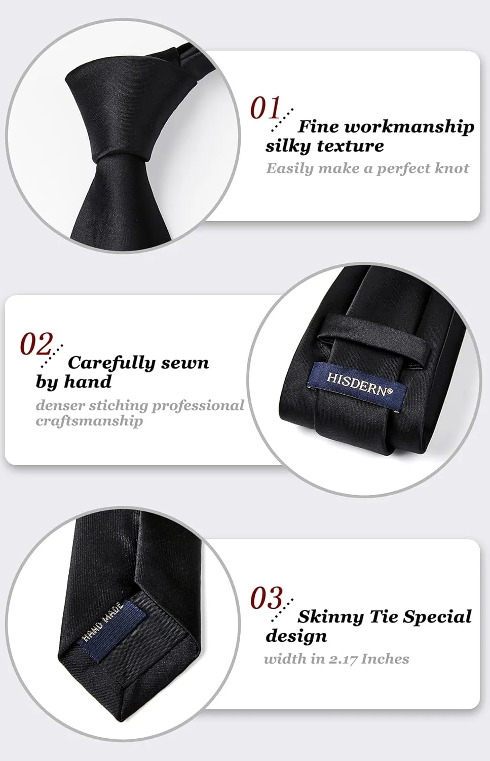 HISDERN Mens Solid Color Ties Formal Satin Necktie and Pocket Square Set Classic Wedding Business Tie & Handkerchief