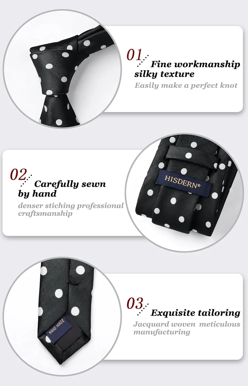 HISDERN Polka Dot Ties for Men Classic Silk Ties and Pocket Square Formal Business Necktie Handkerchief Wedding Party