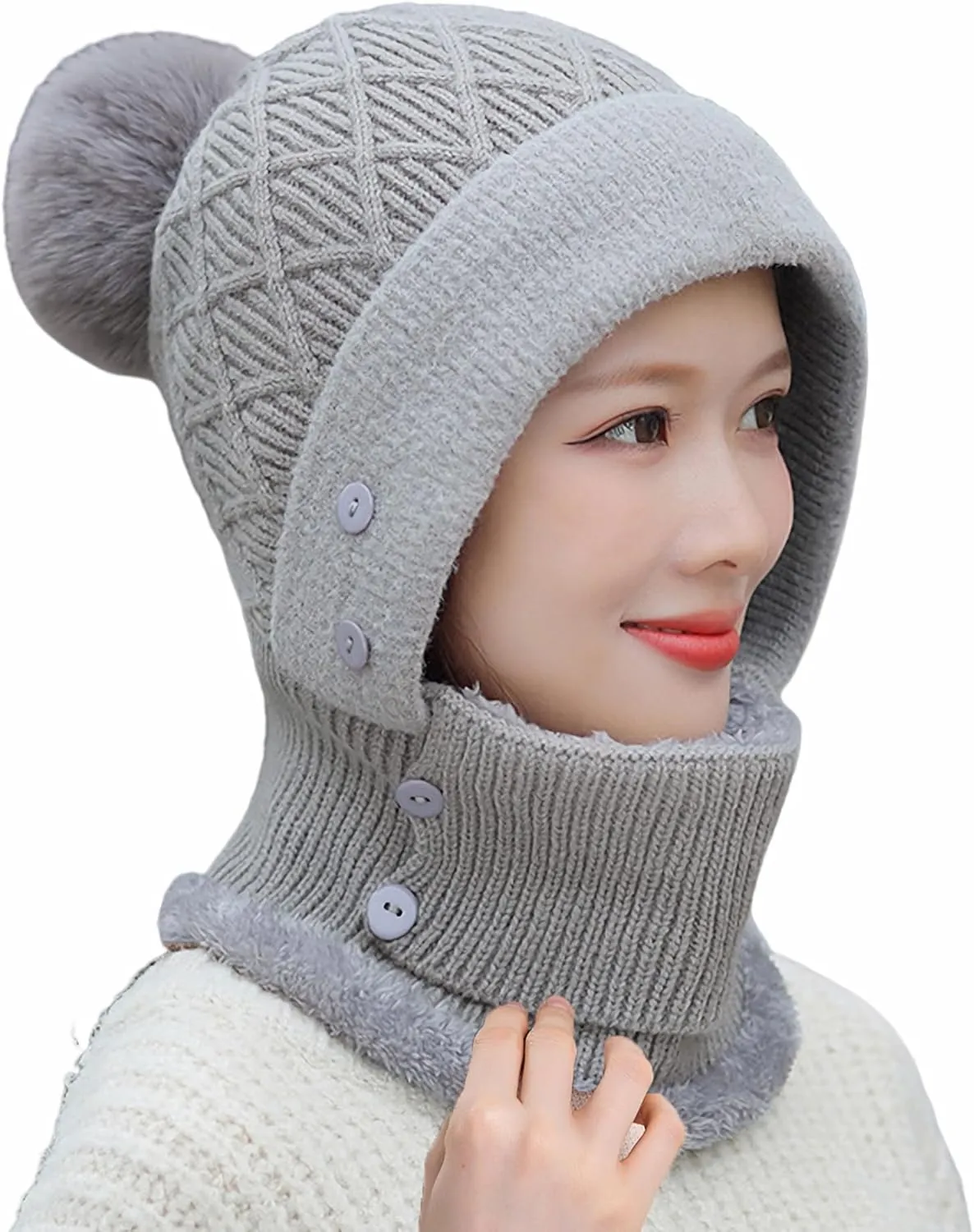 HUAMULAN Women Winter Beanie Hats One Piece Fleece Lined Knit Balaclavas Mask Set Skull Neck Circle Scarf Ski Snow Hat Pompom