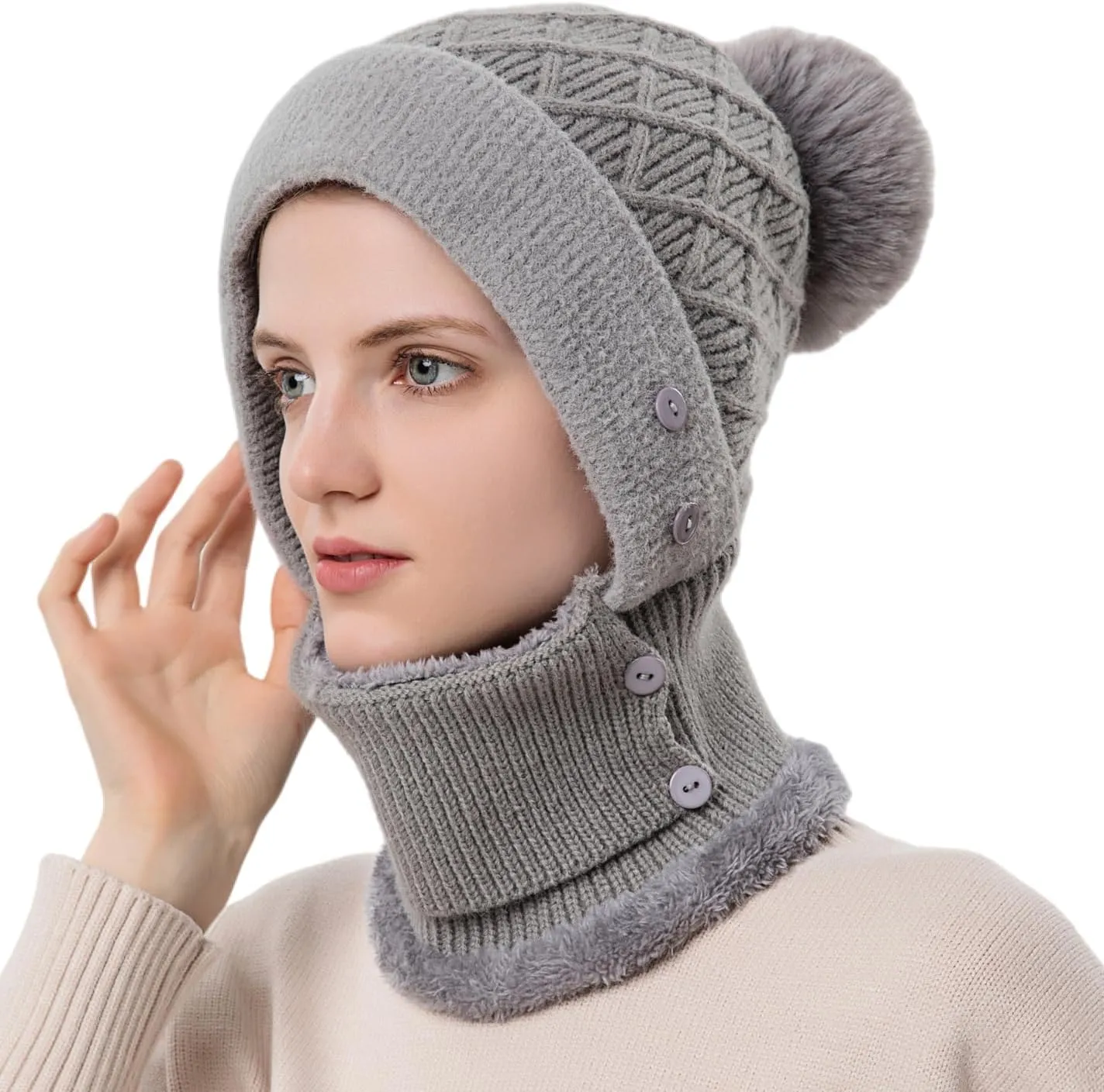 HUAMULAN Women Winter Beanie Hats One Piece Fleece Lined Knit Balaclavas Mask Set Skull Neck Circle Scarf Ski Snow Hat Pompom